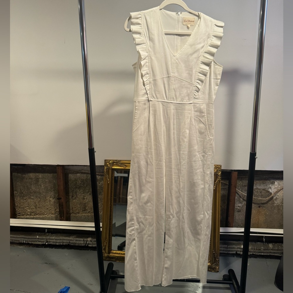 La Mand White Ruffle Jumpsuit
